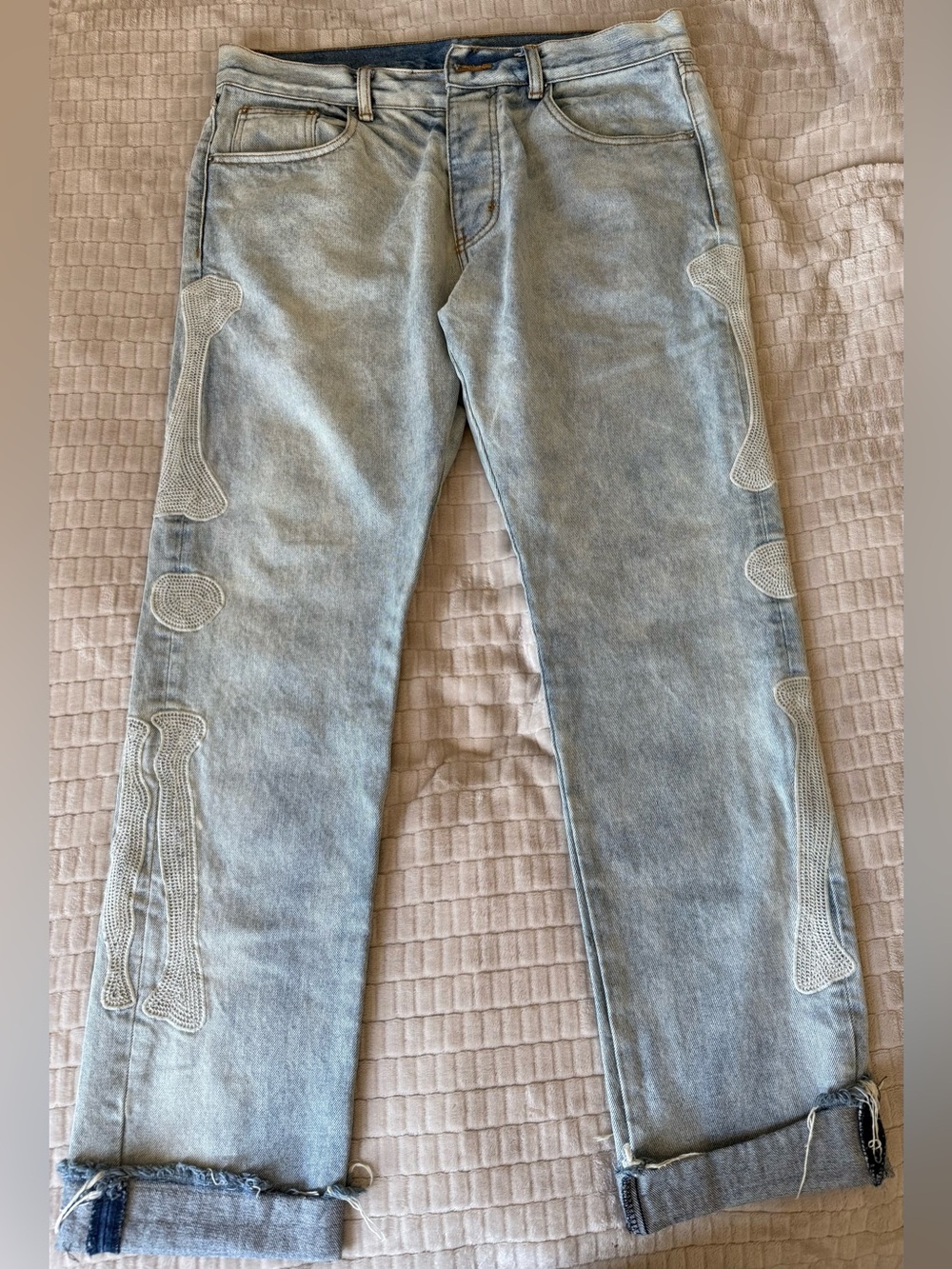 MNML Washed Blue Straight Jeans with White Bone Appliqués
